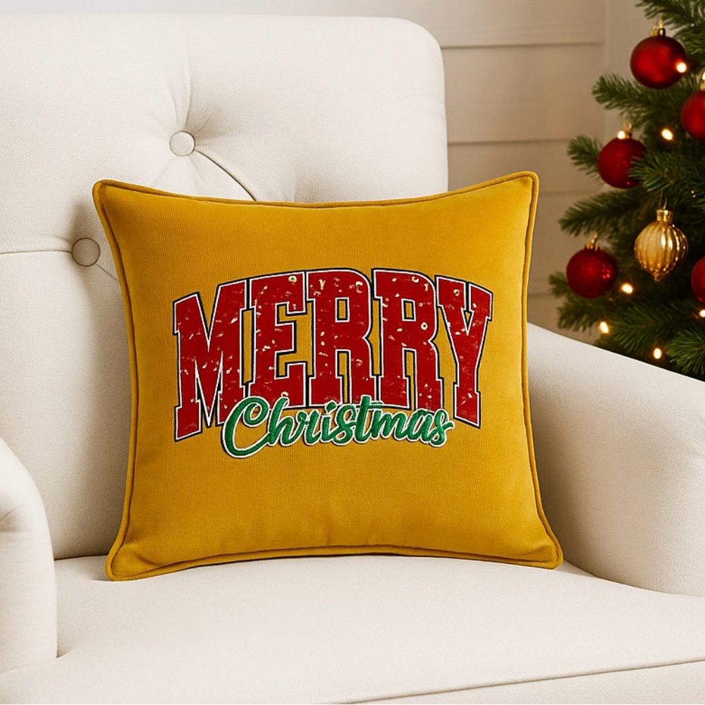 Modern Velvet Gold Yellow Red Christmas Pillow, Festive Glam Home Décor Gift,